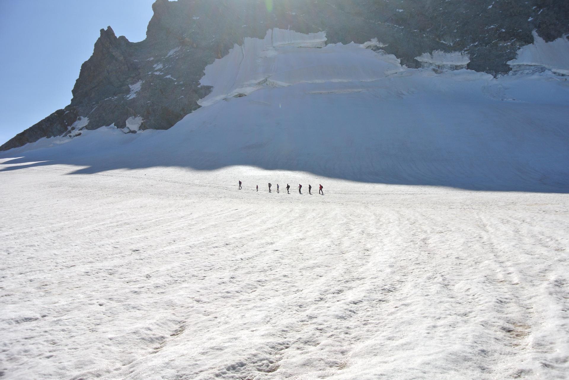 Une cordée en route pour le col des Trifides (3406m)